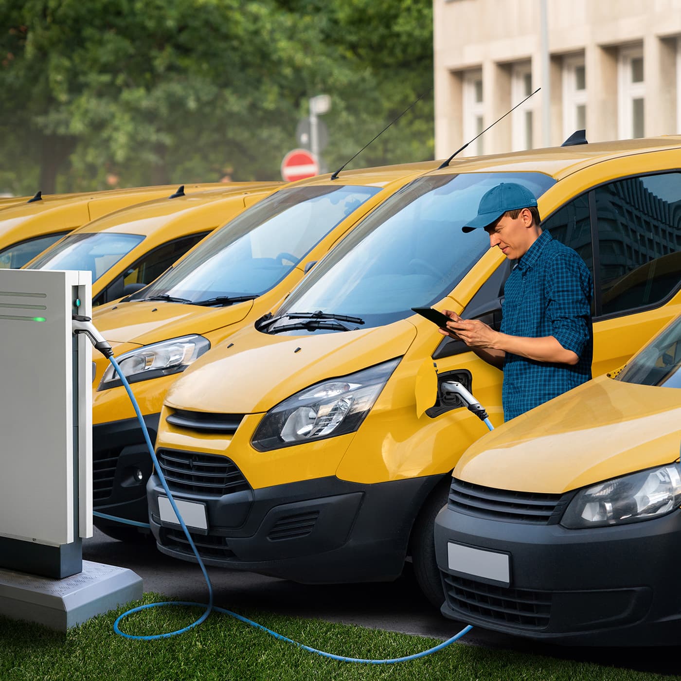 A man with a digital tablet stands next to yellow electric delivery vans at electric vehicle charging stations. A man with a digital tablet stands next to yellow electric delivery vans at electric vehicle charging stations.