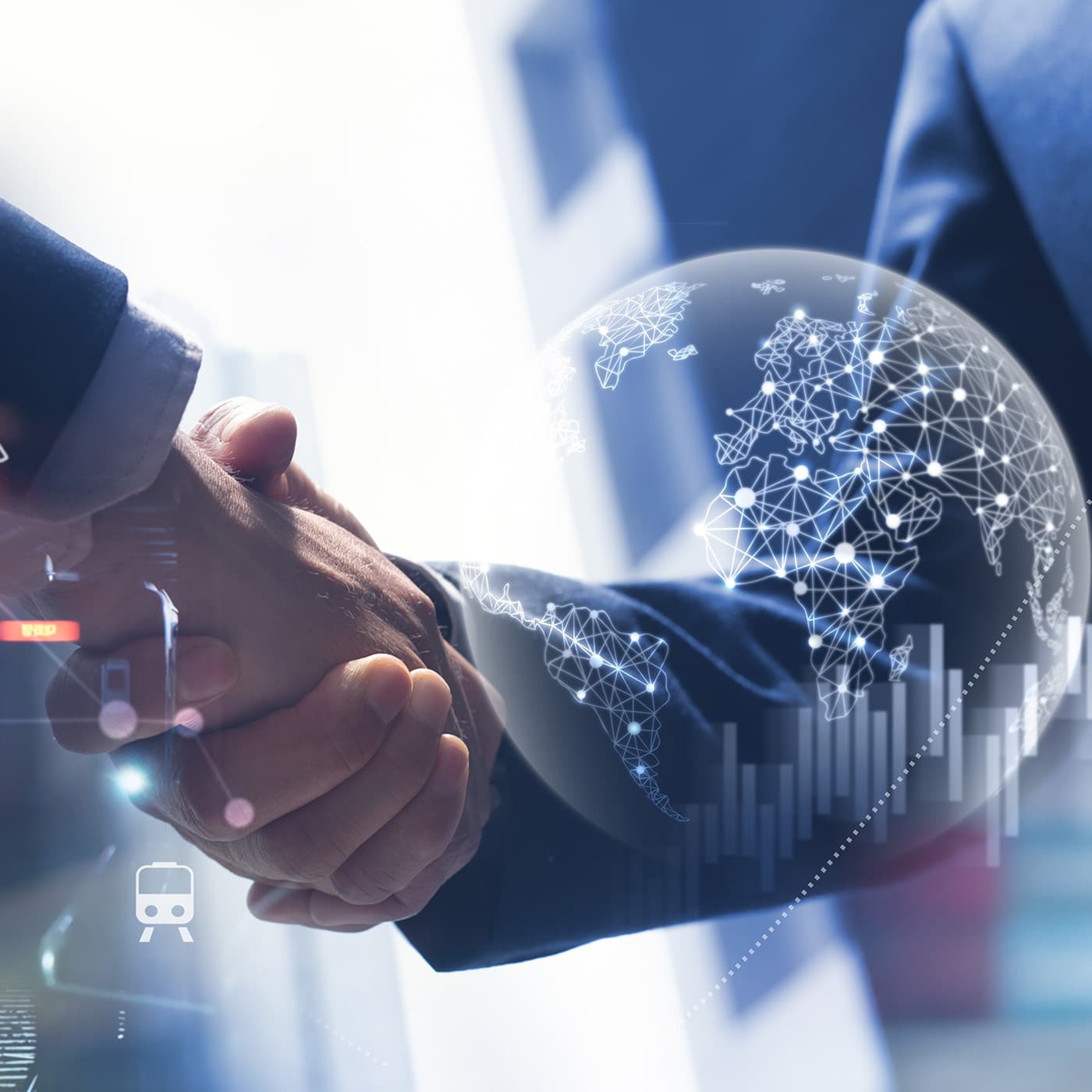 Two businessmen shaking hands for a global network and supply chain deal. Two businessmen shaking hands for a global network and supply chain deal.