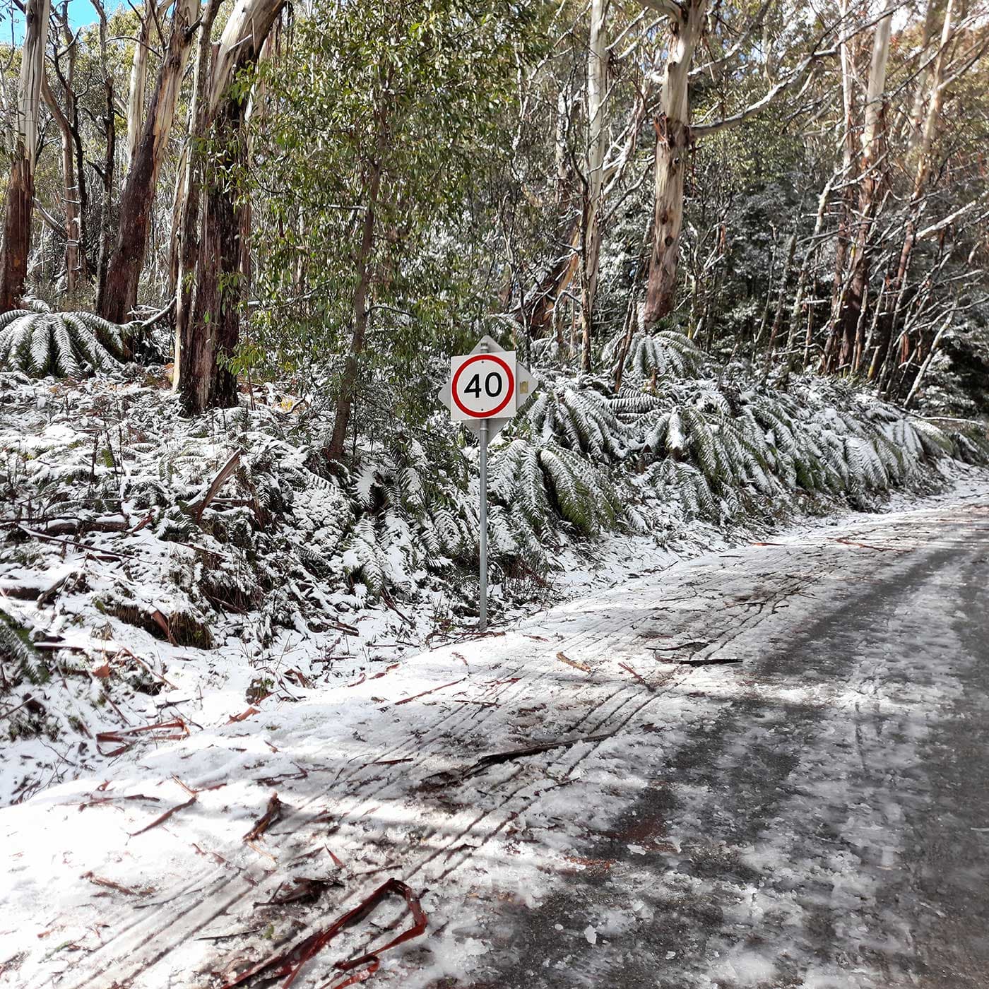 A road blanketed in snow in Warburton, Victoria, Australia. A 40km/hr sign is on the left side of the road. A road blanketed in snow in Warburton, Victoria, Australia. A 40km/hr sign is on the left side of the road.