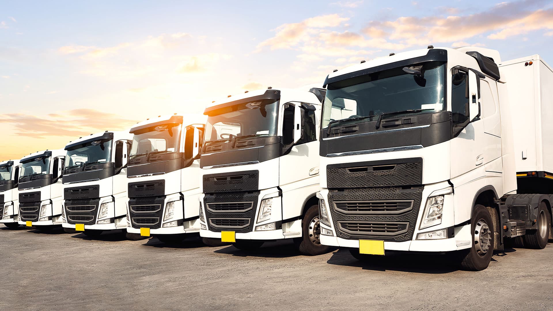 A fleet of semi trailer trucks in a parking lot with a sunset sky behind them. A fleet of semi trailer trucks in a parking lot with a sunset sky behind them.